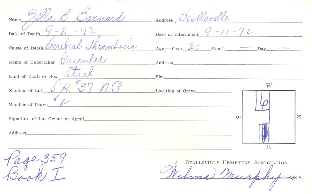 Zella B. Barnard burial card